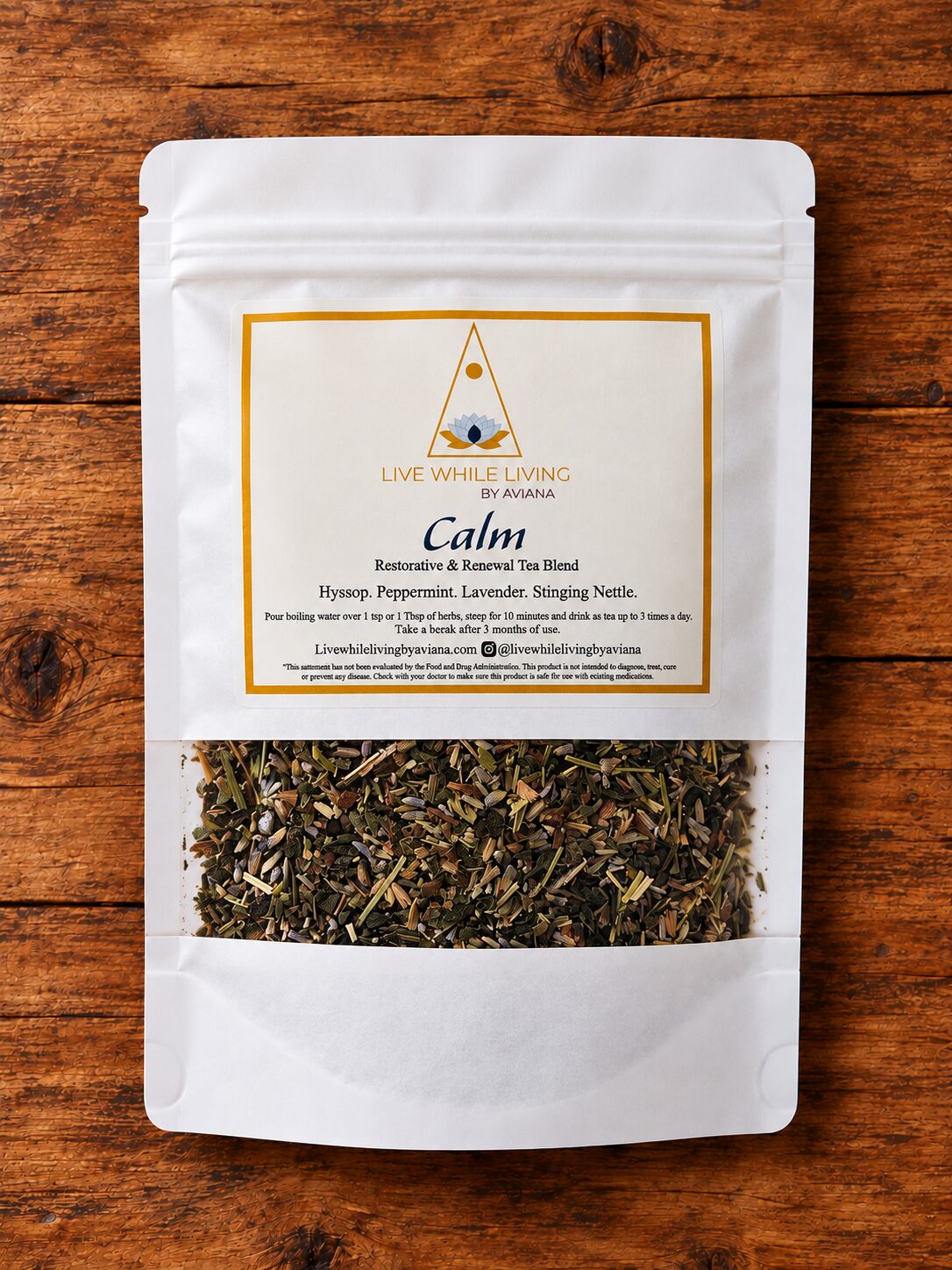 Calm herbal tea by Live While Living by Aviana – Hyssop, Peppermint, Lavender, Stinging Nettle.