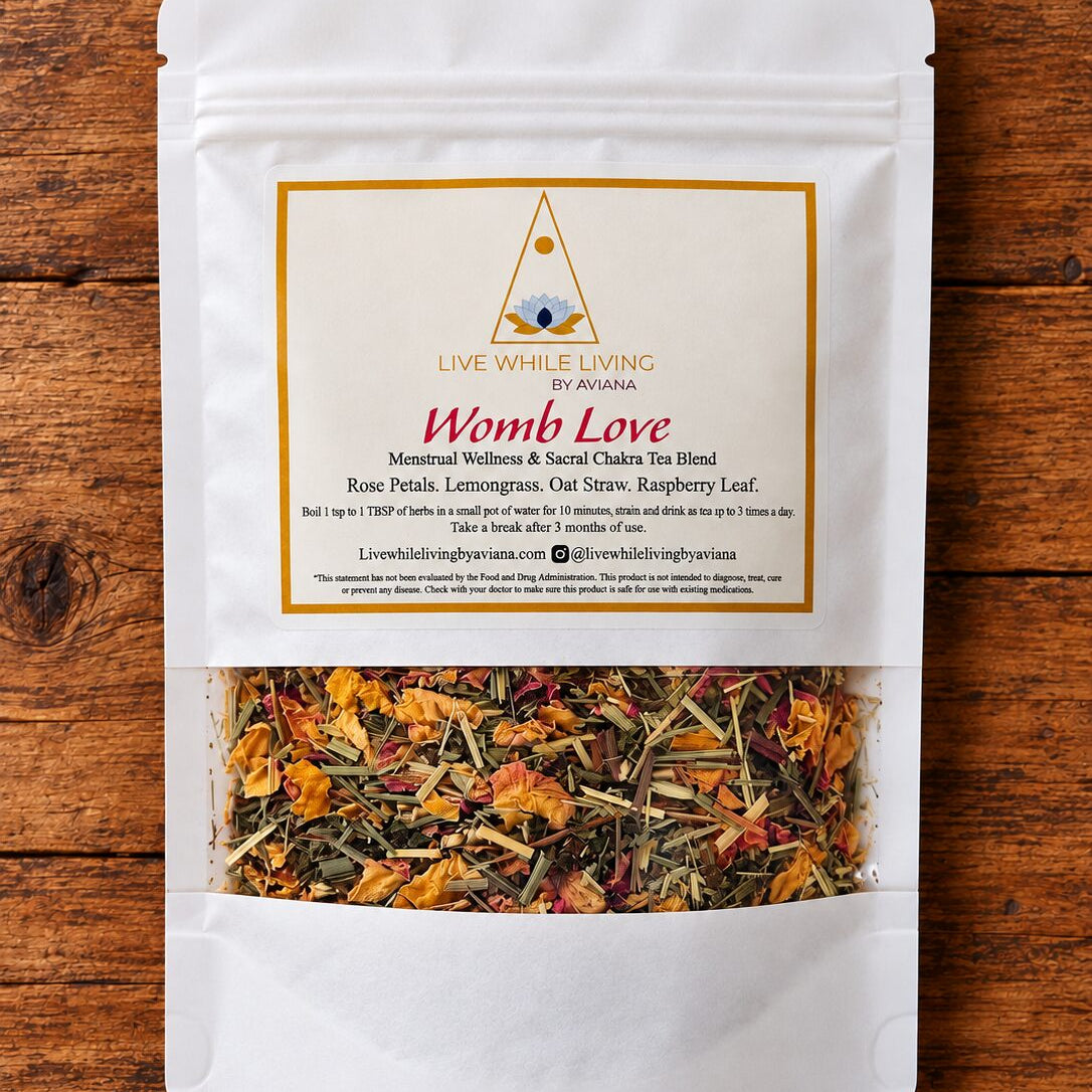Womb Love herbal tea by Live While Living by Aviana – Rose Petals, Lemongrass, Oat Straw, Raspberry Leaf.