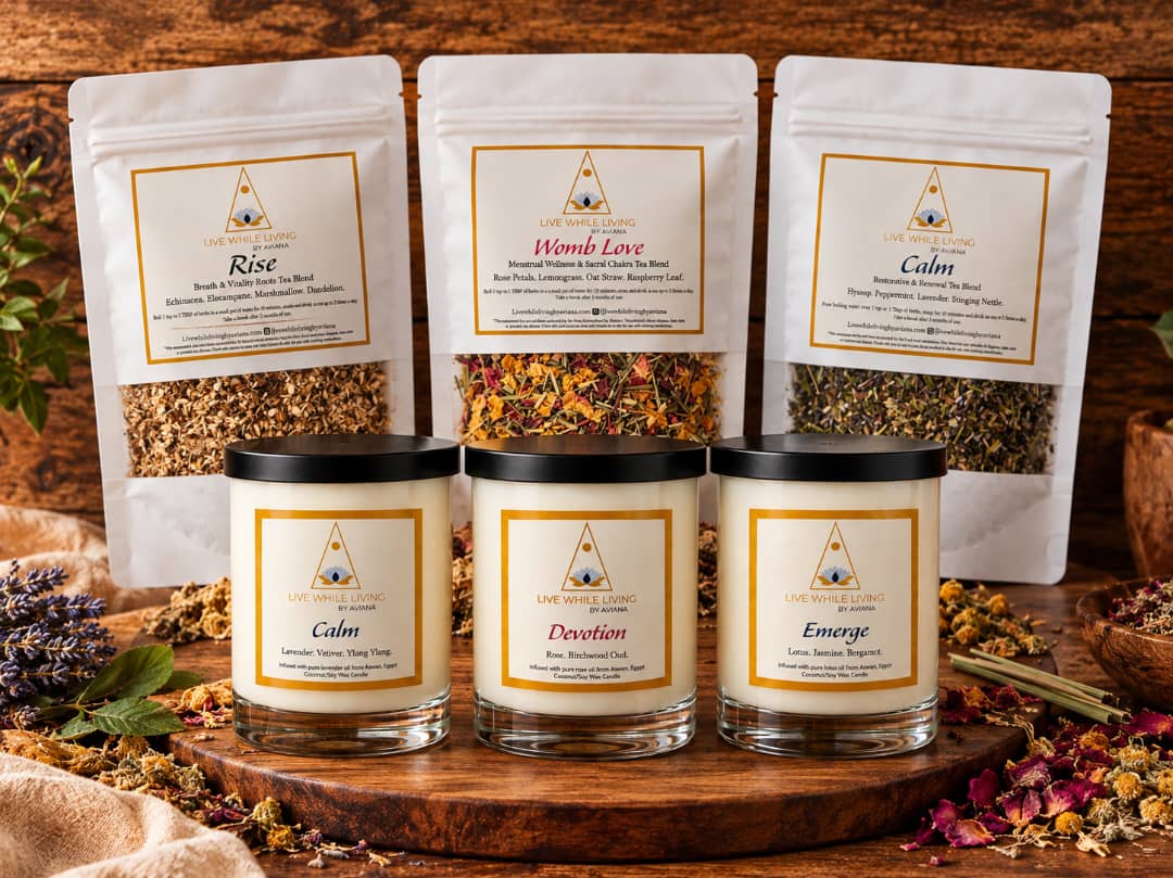 Rise, Womb Love and Calm teas with Calm, Devotion and Emerge candles