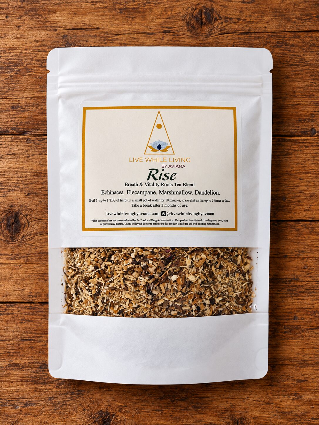 Rise herbal tea by Live While Living by Aviana – Echinacea, Elecampane, Dandelion Root, Marshmallow Root.